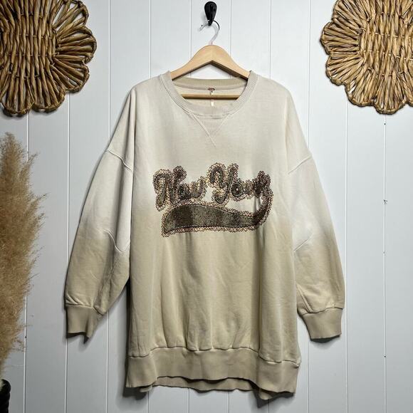 Free People sweatshirt sequins beads New York cotton blend oversized - Picture 4 of 8